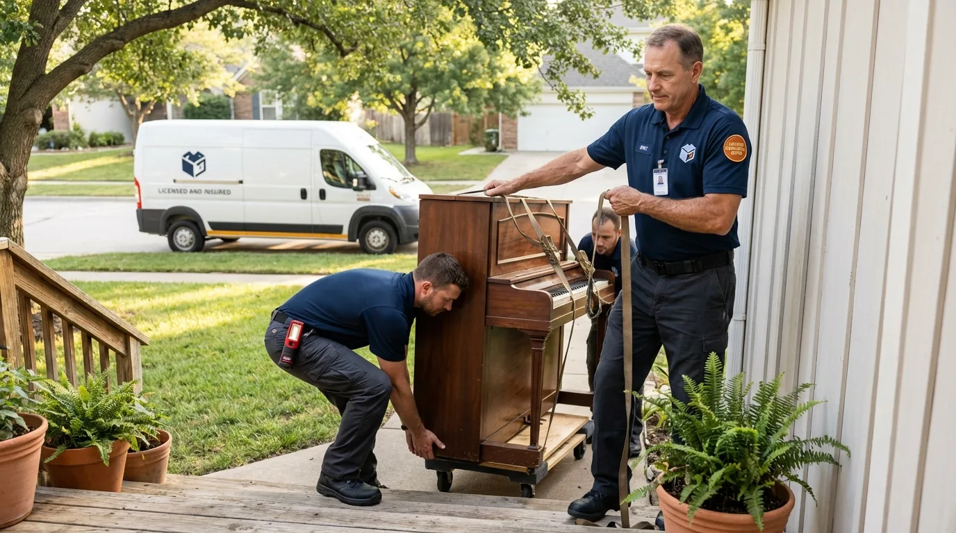 Licensed piano movers securing grand piano in Jonesville, MI