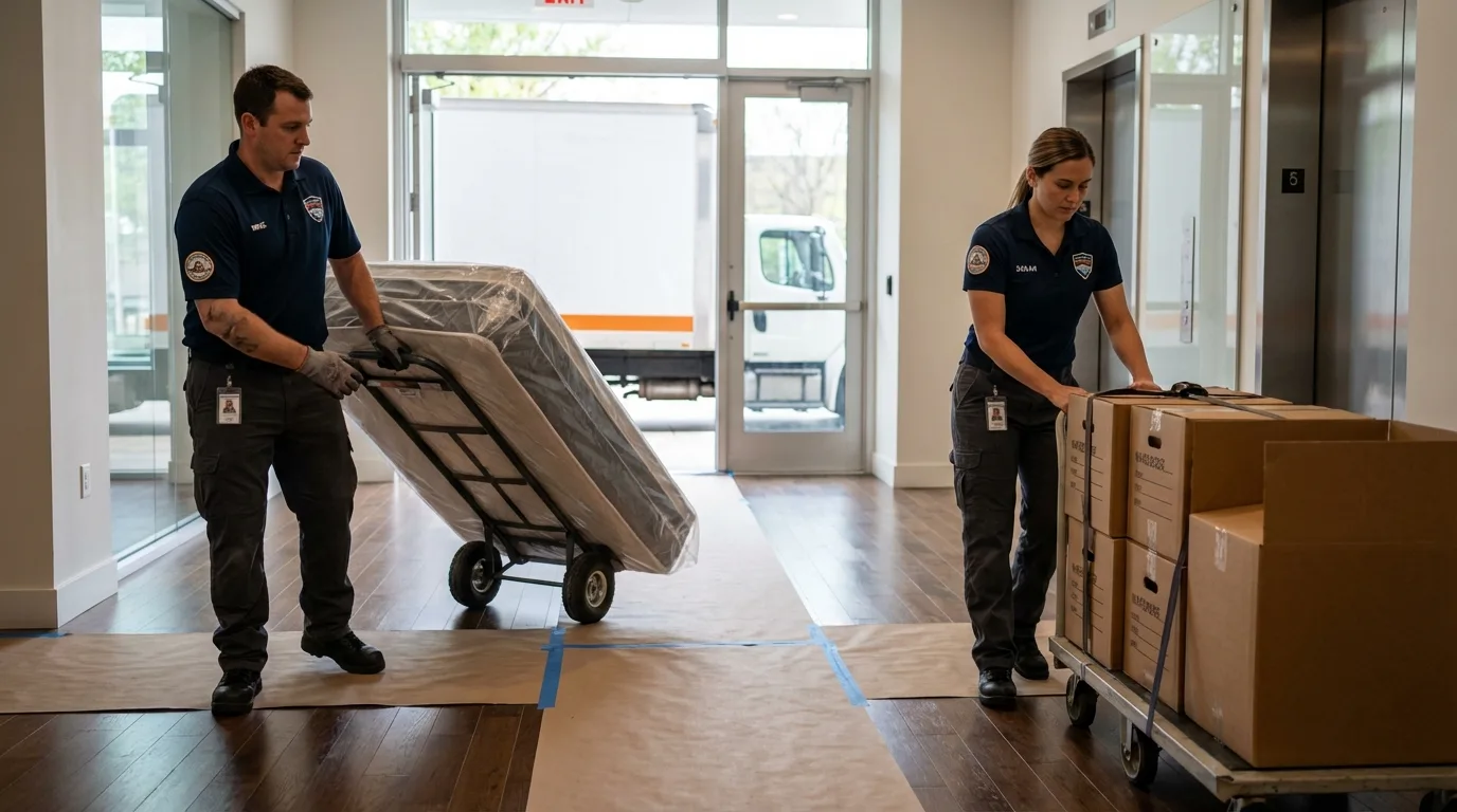 Professional apartment movers loading elevator in Jonesville, MI